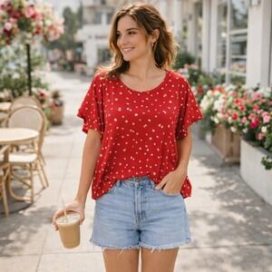 Fyve Womens 1X Red Silver Foil Polka Dot Ribbed Ruffle‎ Sleeve Blouse WK5979